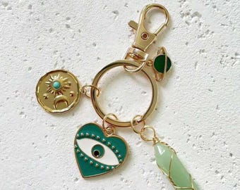 Mystic Evil Eye Protection Keychain with Aventurine Green Crystal, Sun & Heart Charms | Boho Spiritual Bag Charm | Witchy Aesthetic Gift