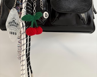 Cute Aesthetic Keychain | Crochet Cherry Charm, 8-Ball, Shoelace Cord | Y2K E-Girl Bag Accessory,Bag pendant, Purse charm,Handbag charm.