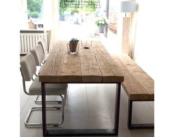 Mesa y banco de madera maciza, mesa de comedor rústica, mesa de cocina de madera con patas de metal, mesa de comedor de granja, mesa de alta calidad