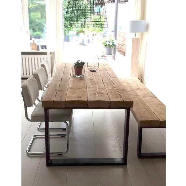 Solid Wood Table and Bench, Rustic Dining Table, Wood Kitchen Table with Metal Legs, Farmhouse Dine Table, High Quality Table