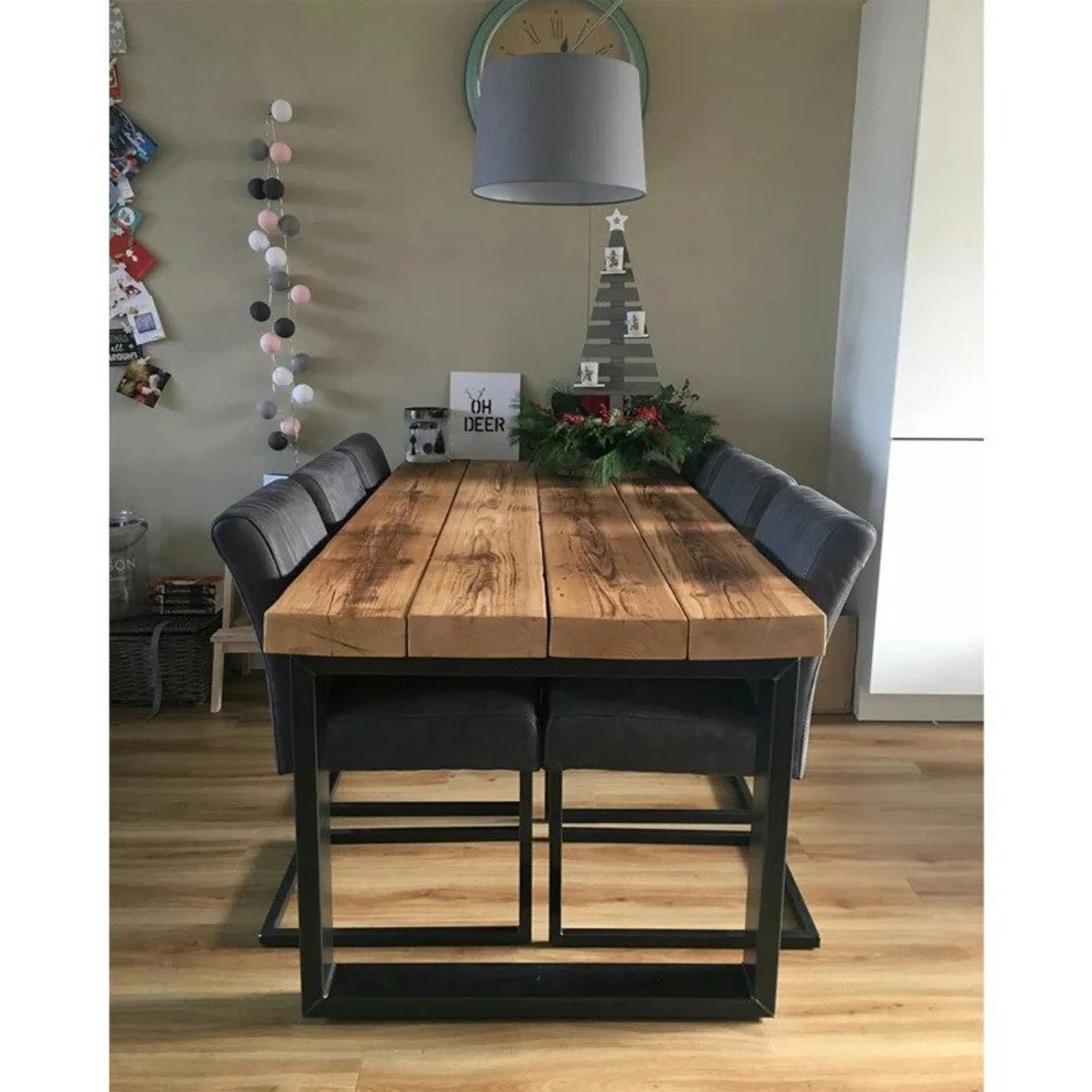 Solid Wood Table and Bench, Rustic Dining Table, Wood Kitchen Table With Metal Legs, Farmhouse