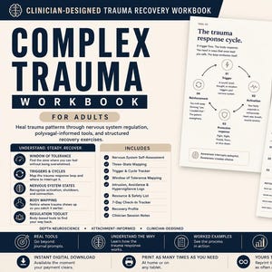 Könnte beinhalten: Ein 28-seitiges, druckbares PDF-Arbeitsbuch zur Traumabewältigung für Erwachsene. Das Deckblatt zeigt dunkelblauen Text auf hellem Hintergrund und beschreibt Abschnitte wie Selbstbewertung des Nervensystems, Trigger-Tracker und Körperkartierung.
