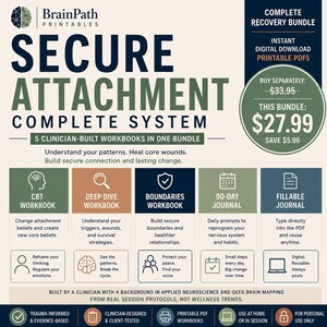 以下が含まれることがあります： BrainPath Printablesによる「Secure Attachment Complete System」というデジタルバンドル。CBT、Deep Dive、Boundaries、90-Day Journal、Fillable Journalの5つの印刷可能なPDFワークブックが含まれており、それぞれにテキストとアイコンが記載されています。