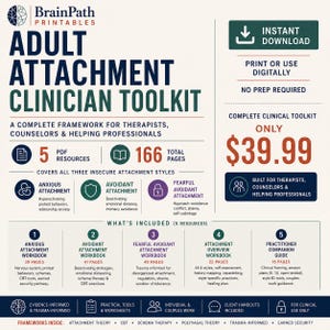 May include: An Adult Attachment Clinician Toolkit digital document featuring 5 PDF resources and 166 total pages. It includes workbooks for anxious, avoidant, and fearful-avoidant attachment styles, plus a practitioner companion guide and overview.