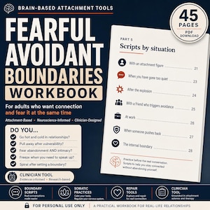 May include: A 45-page PDF workbook titled Fearful Avoidant Boundaries Workbook, featuring a dark blue cover with white and orange text. It includes a list of scripts by situation, a checklist of relationship behaviors, and icons for tools.