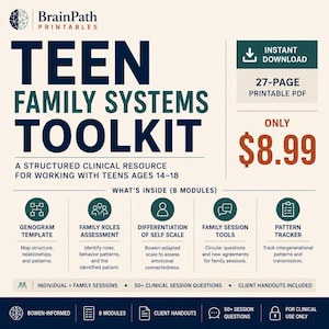 May include: A 27-page printable PDF titled Teen Family Systems Toolkit, a clinical resource for teens ages 14-18. It includes 8 modules featuring a genogram template, family roles assessment, differentiation of self scale, session tools, and a pattern tracker.