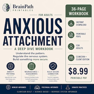 Könnte beinhalten: Ein 36-seitiges Arbeitsbuch mit dem Titel Anxious Attachment: A Deep Dive Workbook von BrainPath Printables. Das Dokument enthält Abschnitte zu Angstmustern, Neurowissenschaften und dem Aufbau sicherer Verbindungen für Erwachsene und Kliniker.