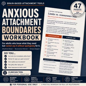 Può includere: Un quaderno di esercizi di 47 pagine in formato PDF scaricabile intitolato Anxious Attachment Boundaries. La copertina presenta uno sfondo blu scuro con testo color crema, che confronta le richieste di rassicurazione con i limiti reali.