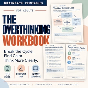 Op de afbeelding: Het Overthinking Workbook voor volwassenen van Brainpath Printables is een digitaal document van 33 pagina's. Het bevat pagina's over de overdenkingslus, denkpatronen en oefeningen voor gedachten-defusie met tekst en diagrammen.