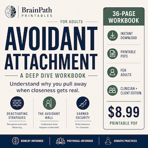 Op de afbeelding: Een werkboek van 36 pagina's getiteld Avoidant Attachment: A Deep Dive Workbook voor volwassenen. De omslag bevat donkerblauwe en groene tekst op een lichte achtergrond, met details over deactiveringsstrategieën en veiligheid.