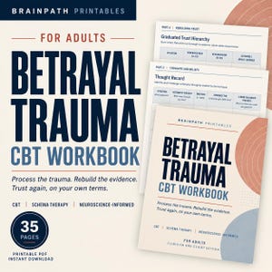Op de afbeelding: Een CGT-werkboek over verraadtrauma voor volwassenen van Brainpath Printables. Het 35 pagina's tellende, printbare PDF-document bevat secties over gedachtenregistratie en vertrouwen, uitgevoerd in marineblauw, crème en terracotta tinten.