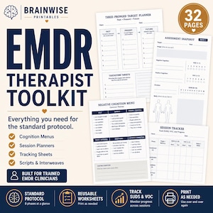 May include: A 32-page EMDR therapist toolkit featuring printable worksheets for clinical use. The set includes a Three-Pronged Target Planner, Assessment Snapshot, Negative Cognition Menu, and Session Tracker with fields for tracking SUDS and VOC.