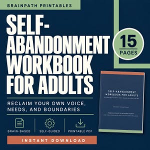 Può includere: Un quaderno di esercizi di 15 pagine sull'auto-abbandono per adulti in formato PDF stampabile di Brainpath Printables. La copertina blu scuro presenta testo bianco, inclusi titolo, sottotitolo e sottotitoli, con icone per le caratteristiche.