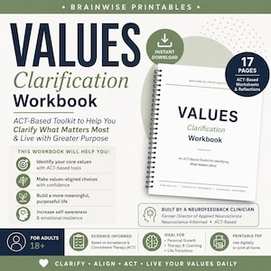 Puede incluir: Un "Cuaderno de aclaración de valores" blanco con espiral con el texto "Cuaderno de aclaración de valores" y "Kit de herramientas basado en ACT". El cuaderno incluye 17 páginas de hojas de trabajo y reflexiones. El texto "Descarga instantánea" también está presente.