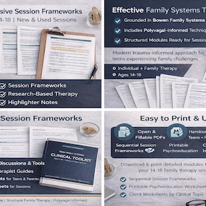 May include: Image featuring session frameworks and therapy resources. Includes documents, a clipboard, and a book titled "Clinical Toolkit." The image highlights organized frameworks, printable handouts, and worksheets for teens and parents.