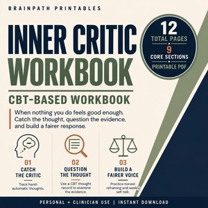 May include: A printable PDF workbook titled Inner Critic Workbook with CBT-based exercises. The cover features the text Brainpath Printables, 12 total pages, 9 core sections, and three icons representing catching the critic, questioning the thought, and building a fairer voice.