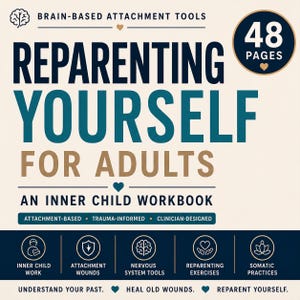 May include: A workbook titled Reparenting Yourself For Adults: An Inner Child Workbook. The cover features dark blue, teal, and tan text on a cream background, with a 48 pages badge, five circular icons, and the text Understand Your Past, Heal Old Wounds, Reparent Yourself.
