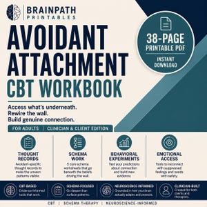 Op de afbeelding: Een 38-pagina tellend printbaar PDF-werkboek getiteld Avoidant Attachment CBT Workbook van Brainpath Printables. Het bevat secties voor gedachtenregistratie, schematherapie, gedragsexperimenten en emotionele toegang voor volwassenen.