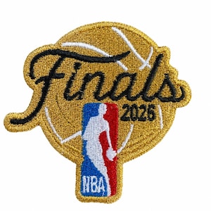 May include: A circular embroidered patch featuring a gold basketball background with the black script text Finals and the year 2025 in black. Centered below is the red, white, and blue NBA logo with a white silhouette of a basketball player.