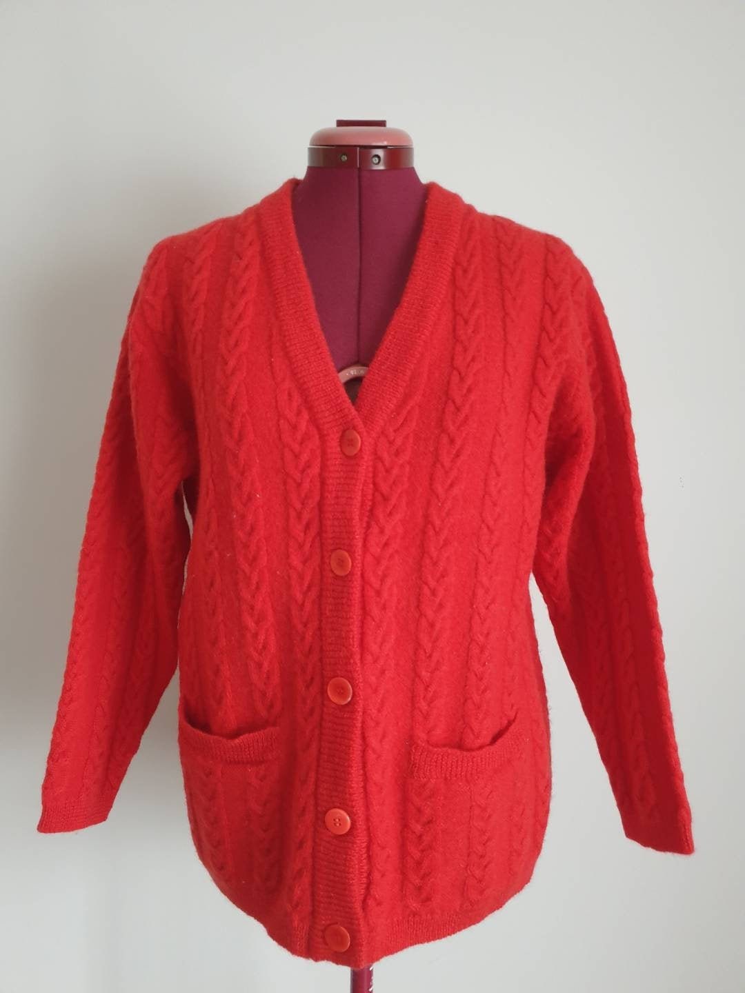 Pure wool red cable knit cardigan by Slade Etsy