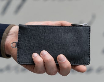Billetera minimalista de cuero negro con cremallera para hombres y mujeres - Billetera con cremallera de cuero personalizada - Billetera zip moderna con anillo en D para correa de cable