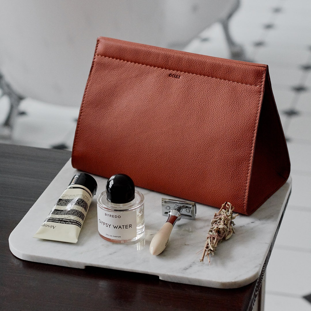 Minimalist Brown Leather Toiletry Bag With Closure System Modern Leather Dopp Kit for