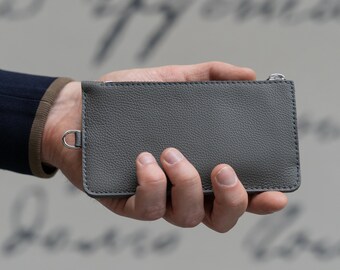 Billetera minimalista de cuero gris con cremallera para hombres y mujeres - Billetera con cremallera de cuero personalizada - Billetera zip moderna con anillo en D para correa de cable