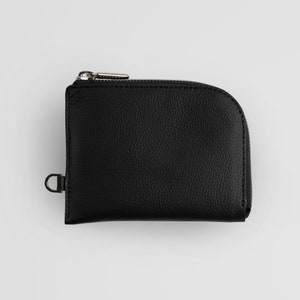 Cartera con cremallera de cuero negro minimalista con correa para hombres y mujeres - Cartera con cremallera de cuero personalizada - Cartera de cuero moderna con cadena Negro