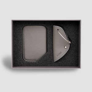 Paquete minimalista esencial: cartera deslizante gris, tarjetero de cuero y llavero minimalista, regalo ideal para hombres y mujeres