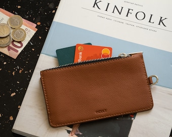 Billetera minimalista de cuero marrón con cremallera para hombres y mujeres - Billetera con cremallera de cuero personalizada - Billetera con cremallera moderna con anillo en D para correa de cable
