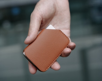 Mini cartera de diapositivas marrón- Cartera de diapositivas Titular de la tarjeta de cuero Cartera delgada Cartera de cuero minimalista Titular de la tarjeta de los hombres Cartera de las mujeres