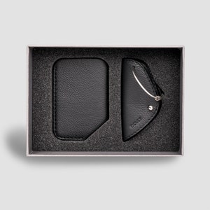 Paquete minimalista esencial: cartera deslizante negra, tarjetero de cuero y llavero minimalista, regalo ideal para hombres y mujeres