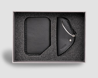 Essential Minimalist Bundle-Black Slide Wallet-Leather Card Holder & Minimalist Key Chain-Ideal Gift for Men and Women