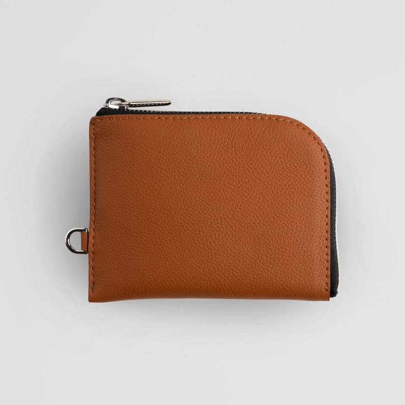 Cartera con cremallera de cuero negro minimalista con correa para hombres y mujeres - Cartera con cremallera de cuero personalizada - Cartera de cuero moderna con cadena Marrón