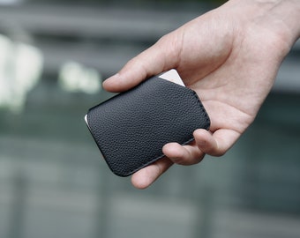Mini cartera de diapositivas negra- Cartera de diapositivas Titular de la tarjeta de cuero Cartera delgada Cartera de cuero minimalista Titular de la tarjeta de los hombres Cartera de las mujeres