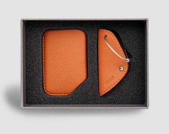 Essential Minimalist Bundle-Brown Slide Wallet-Leather Card Holder & Minimalist Key Chain-Ideal Gift for Men and Women