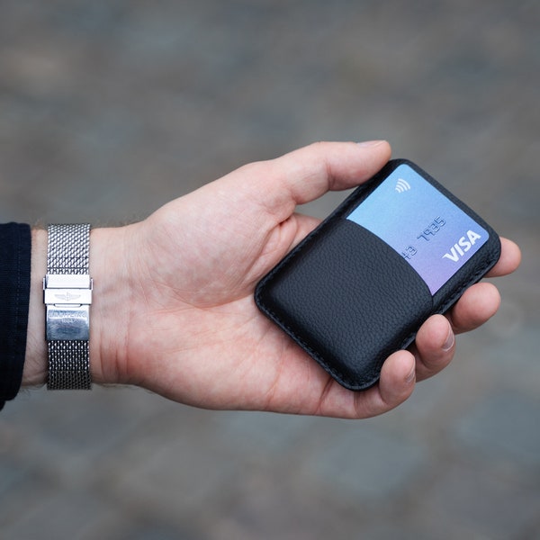 Minimalist Black Card Holder Wallet for Men and Women – Personalized Leather Card Holder – Slim Card Wallet – Small Pocket EDC Pocket