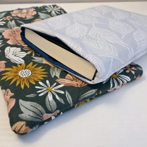 Handmade Book Sleeve | Blue with White Leaves | 100% Cotton Paperback Cover | No Pockets | Book Protector l E-Reader Case l E-Reader Cover
