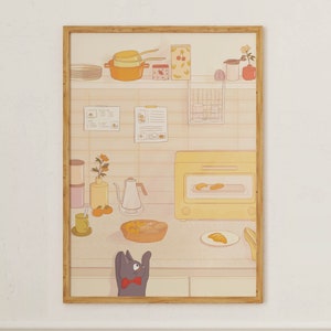 Zwarte kat in de keuken 11 x 14 inch grote poster | Op bezorgservice geïnspireerde fanartprint