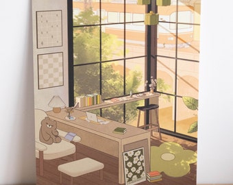 Cozy Study Corner Mini Art Print | 5" x 7" Art Print | Soft, Aesthetic Illustration, Bujo, Wall Collage, Decoration