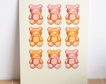 Gummy Bear Mini Art Print | 5" x 7" Art Print | Soft, Aesthetic Illustration, Bujo, Wall Collage, Decoration, Candy Art