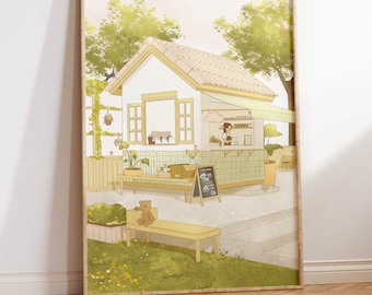 Cafe House Full Sized 11"x14" Poster | Aesthetic Illustration, Bujo, Wall Collage, Japanese styled art, anime styled art, Cute Cozy Cafe art