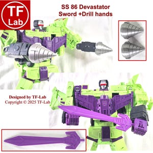 Puede incluir: Un juguete robot verde, morado y gris con manos de taladro y una espada morada. El texto "SS 86 Devastator Sword + Drill hands" es visible. El logotipo de TF Lab está en la esquina superior izquierda. También es visible el texto "Designed by TF-Lab Copyright © 2025 TF-Lab".