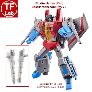 May include: Studio Series SS86 Starscream Null Ray x2 action figure in red, blue, and gray. The robot features a yellow cockpit, wings, and two gray blaster accessories. A separate inset shows two gray null ray weapons. Designed by TF-Lab.