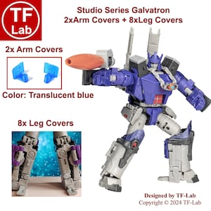 Pode incluir: Studio Series Galvatron 2xArm Covers + 8xLeg Covers. A imagem mostra um brinquedo de robô roxo e cinza com capas de braço azul translúcido e capas de perna cinza. O texto "Designed by TF-Lab Copyright © 2024 TF-Lab" está na parte inferior da imagem.