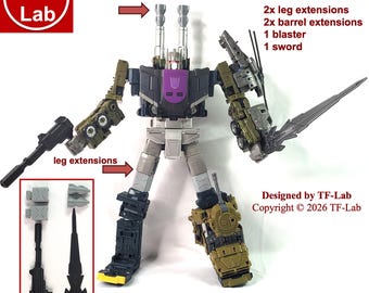 May include: Age of the Primes Bruticus Upgrade Kit featuring a robot action figure with two barrel extensions, two leg extensions, one blaster, and one sword. The kit includes gray, olive green, and purple components with TF-Lab branding.
