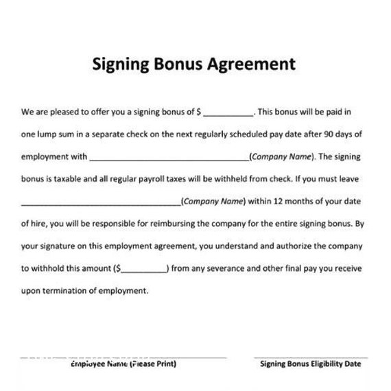 Printable Employee Sign On Bonus Agreement Etsy
