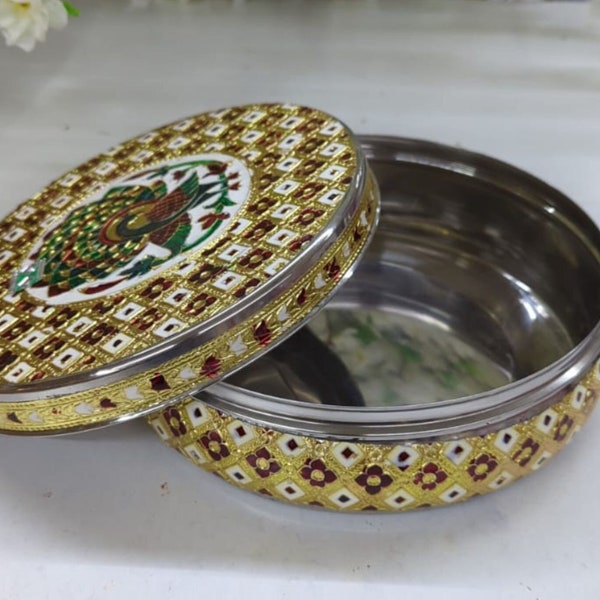 Designer Stainless Steel Multi-Purpose Storage Container Stainless Steel Meenakari Box Decorated Dry Fruit Box Indian Wedding Favors Gifts