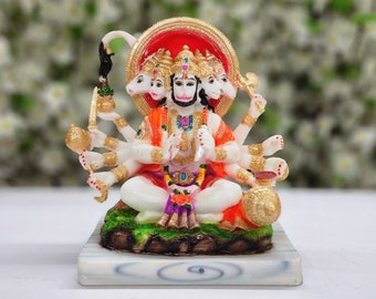 Seated Panchmukhi Hanuman in Marble Dust Hanuman Statuette Hindu God Idols Bajrang Bali Statue Hindu God of Devotion, Strength Mandir Decor