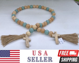 Wooden  Bead Garland Blessing Beads with Cross and Tassel Prayer Bead Garland Tiered Tray Decor Wood Sky Blue Farmhouse Garland Natural Bead